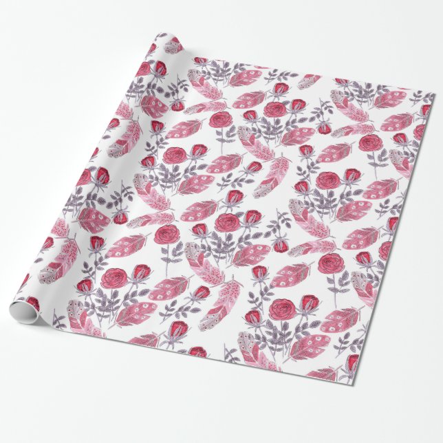 Papier Cadeau Aquarelle rouge roses fleurs plumes blanc (Déroulé)