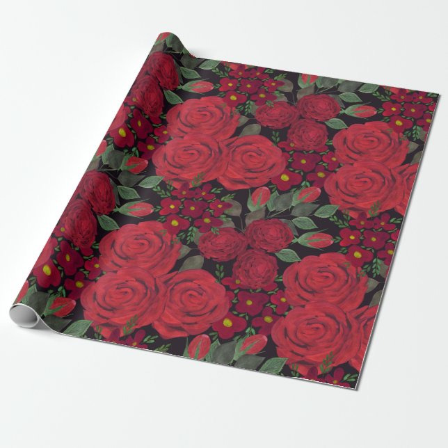 Papier Cadeau Aquarelle rouge roses sur le noir, (Déroulé)