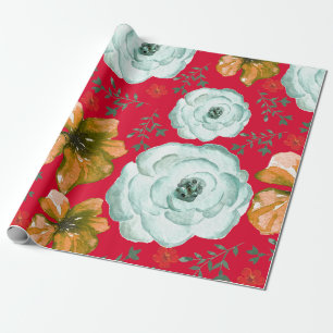 Papier Cadeau Aquarelle rouge vert Floral