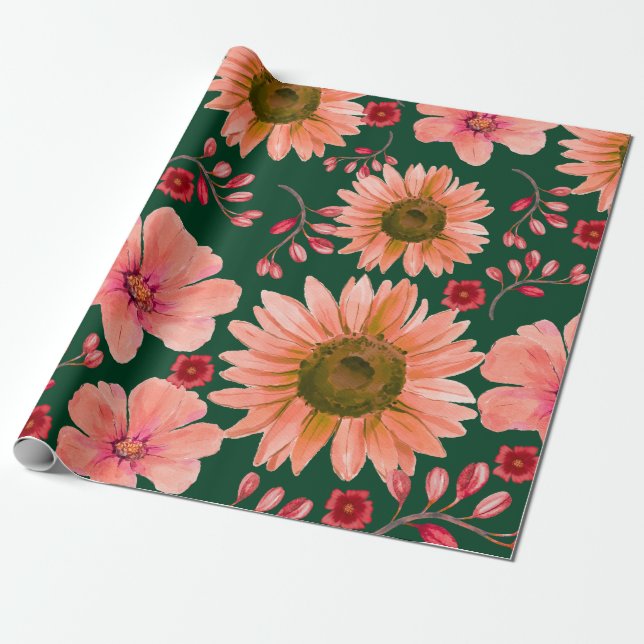 Papier Cadeau Aquarelle rouge verte Florale (Déroulé)