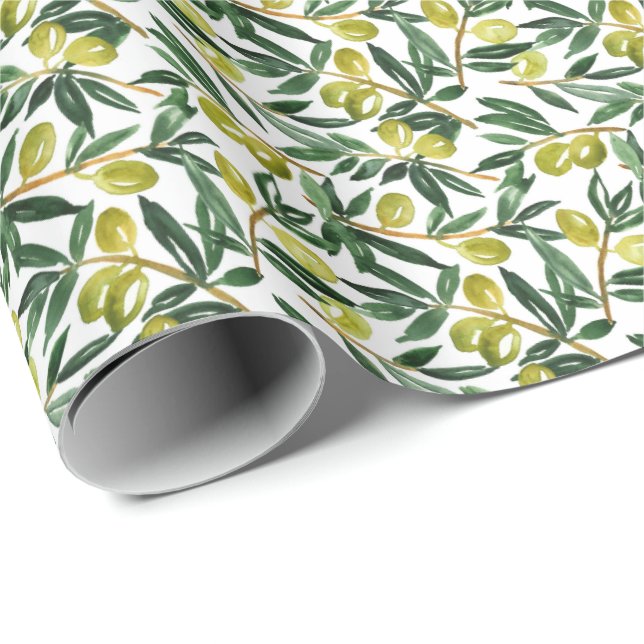 Papier Cadeau Aquarelle rustique Branches d'olive Motif de verdu (Coin rond)