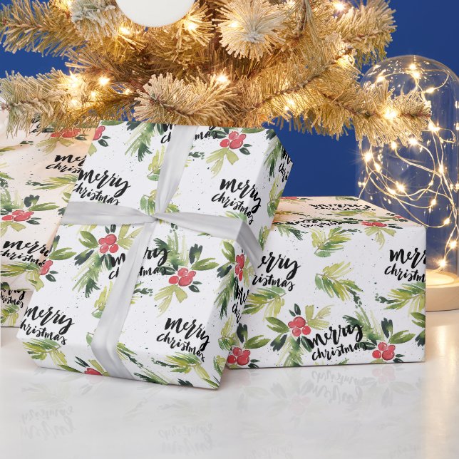 Papier Cadeau Aquarelle rustique Holly Motif Joyeux Noël (Vacances)