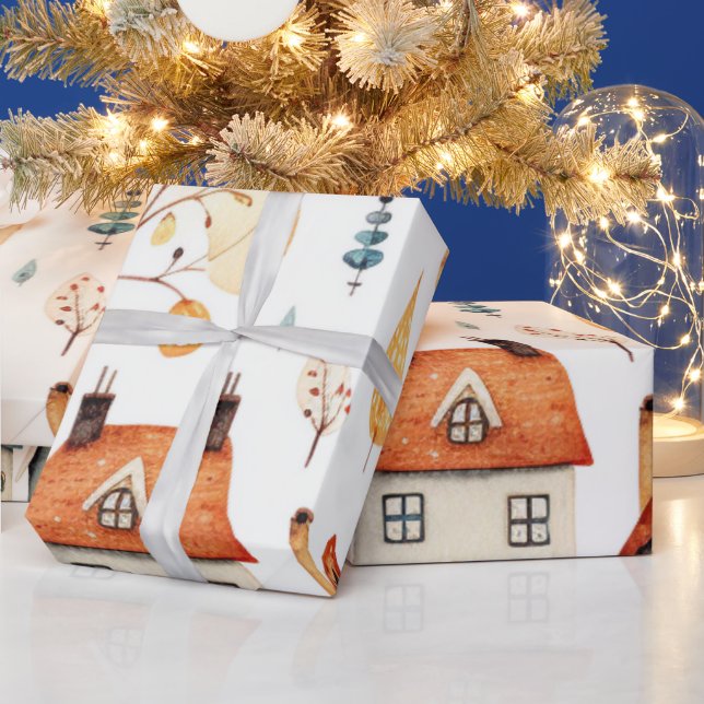 Papier Cadeau Aquarelle rustique Homes et arbres Enveloppement P (Vacances)