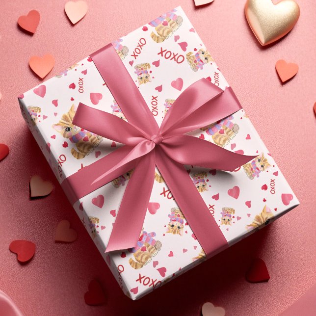 Papier Cadeau Aquarelle Saint Valentin Kitty XOXO Motif (Créateur téléchargé)