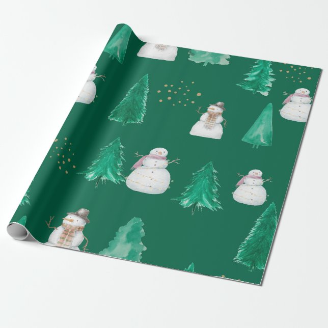 Papier Cadeau Aquarelle sapins de Noël avec bonhomme de neige (Déroulé)