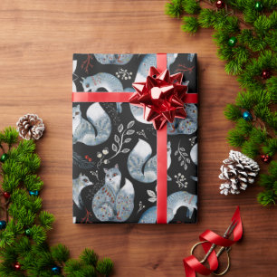 Papier Cadeau Aquarelle Scanidnavian Nordic Fox sur noir
