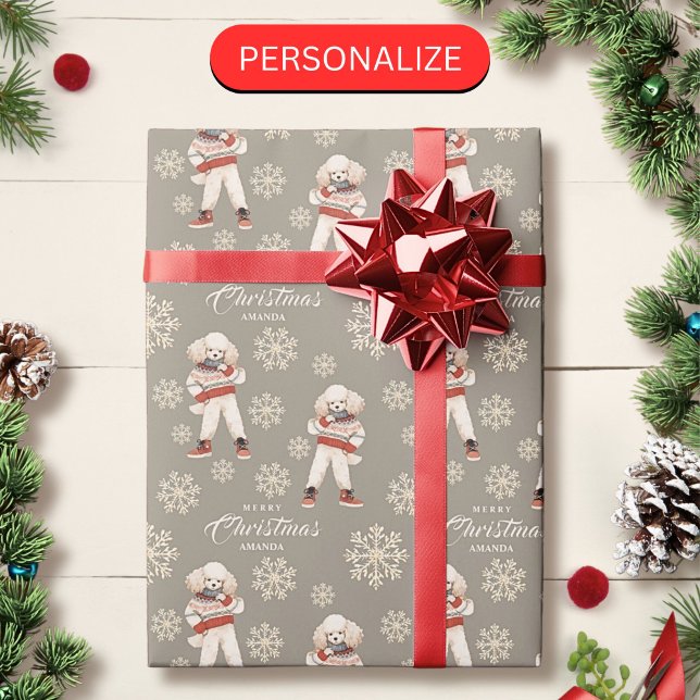 Papier Cadeau Aquarelle Snowflakes Taupe Poodé Chien Noël (Créateur téléchargé)