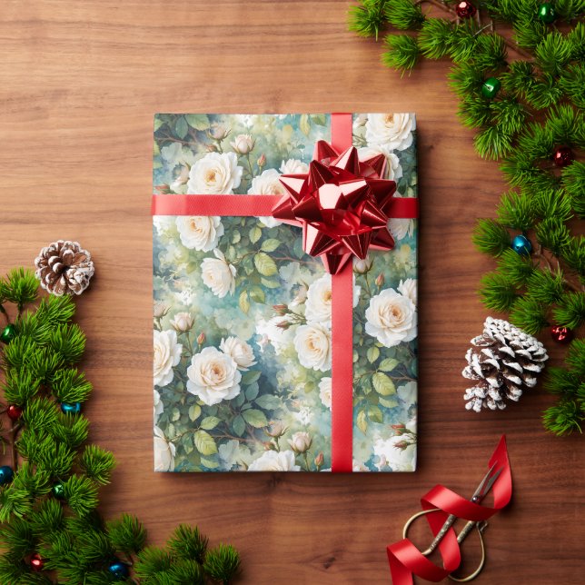 Papier Cadeau Aquarelle Style Roses blanches Fleur du jardin (Cadeau de vacances)