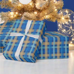 Papier Cadeau Aquarelle Tartan peinte à la main en bleu et orang