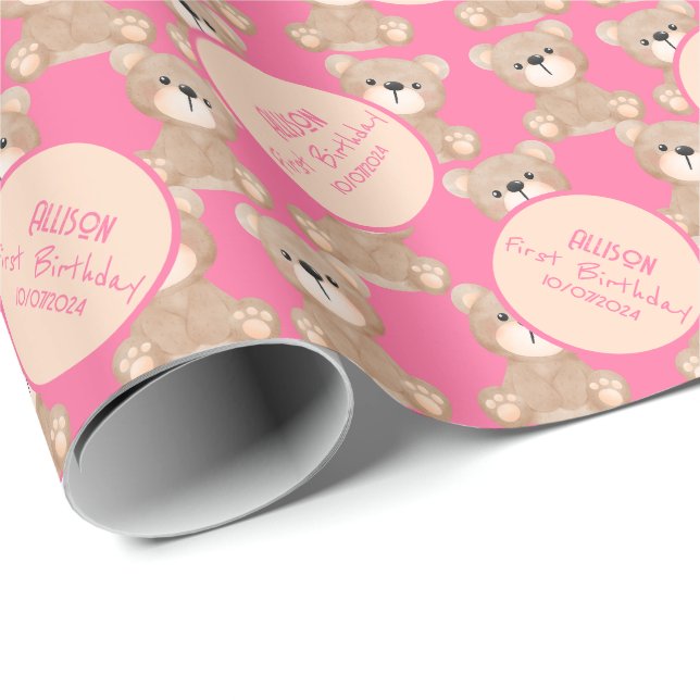 Papier Cadeau Aquarelle Teddy Bear Premier Anniversaire rose (Coin rond)
