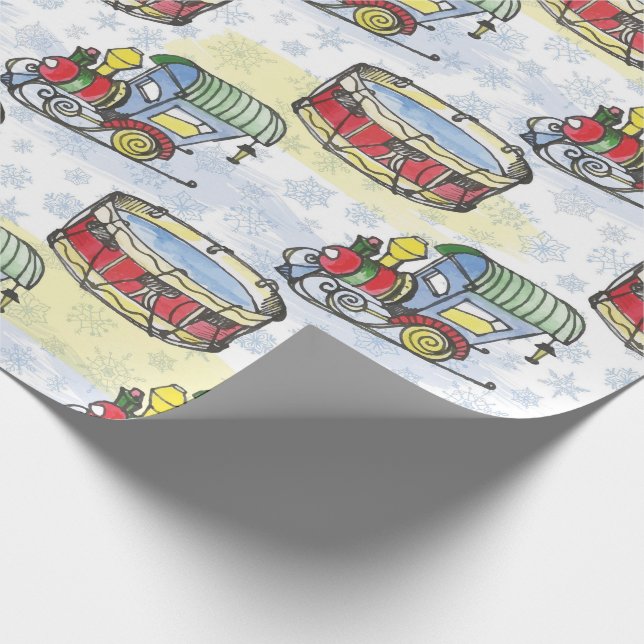 Papier Cadeau Aquarelle train de Noël et tambour dessiné main (Coin)