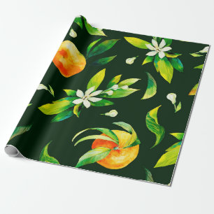 Papier Cadeau Aquarelle transparente agrumes et pattes feuilles