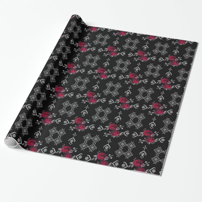 Papier Cadeau Aquarelle transparente rouge roses fleurs blanc ou (Déroulé)