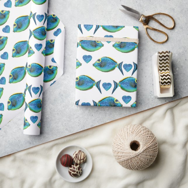 Papier Cadeau Aquarelle Tropical Blue Fish and Hearts (Artisanat)