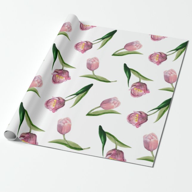 Papier Cadeau Aquarelle Tulipes roses Motif sans couture (Déroulé)