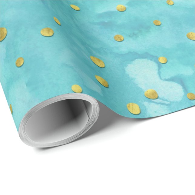 Papier Cadeau Aquarelle Turquoise Faux Gold Cadeau Pois (Coin rond)