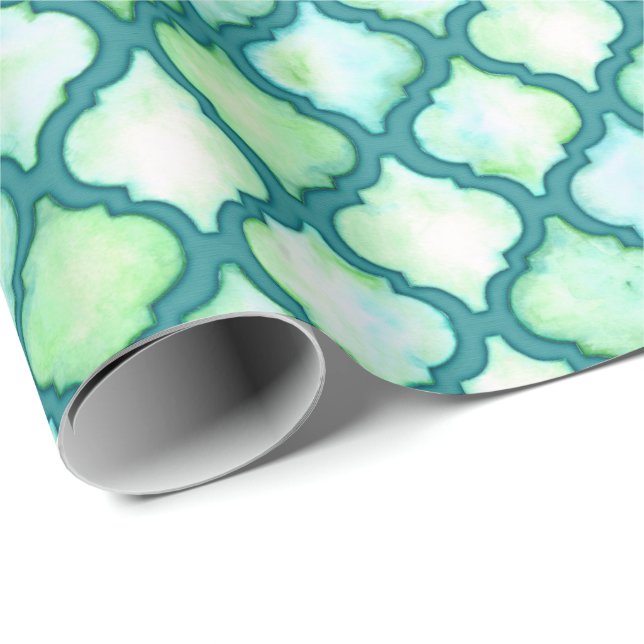 Papier Cadeau Aquarelle Turquoise Maroc Quatrefoil Cadeau (Coin rond)