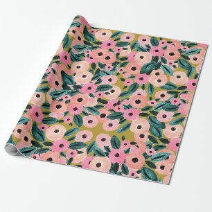Papier Cadeau Aquarelle Turquoise, rose et or Floral