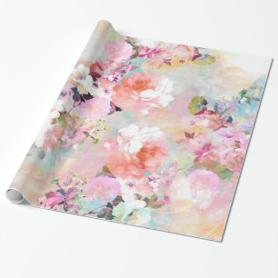 Papier Cadeau Aquarelle Turquoise rose romantique Motif floral c