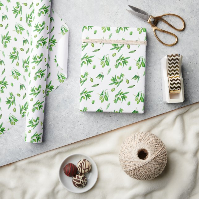 Papier Cadeau Aquarelle Vert Branches d'olive Feuilles (Artisanat)