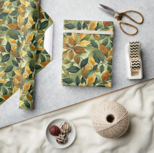 Papier Cadeau Aquarelle vert jaune orange feuilles