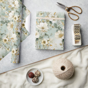 Papier Cadeau Aquarelle vert pastel et blanc fleurs sauvages