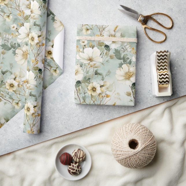 Papier Cadeau Aquarelle vert pastel et blanc fleurs sauvages (Artisanat)