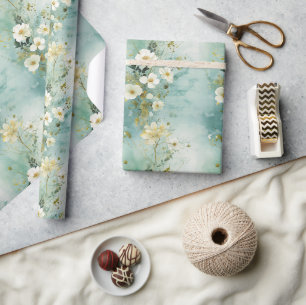 Papier Cadeau Aquarelle vert pastel et blanc fleurs sauvages