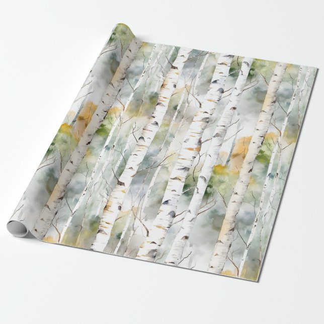 Papier Cadeau Aquarelle verte écorce de bouleau (Déroulé)