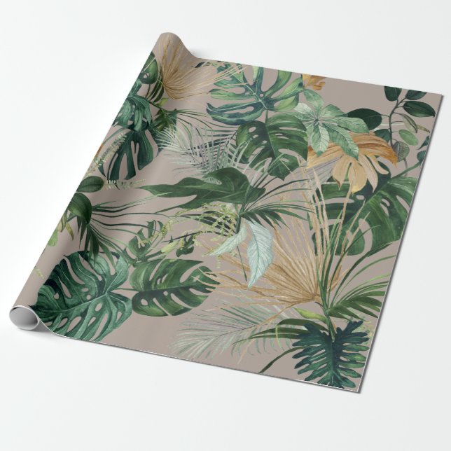 Papier Cadeau Aquarelle verte Feuilles tropicaux (Déroulé)
