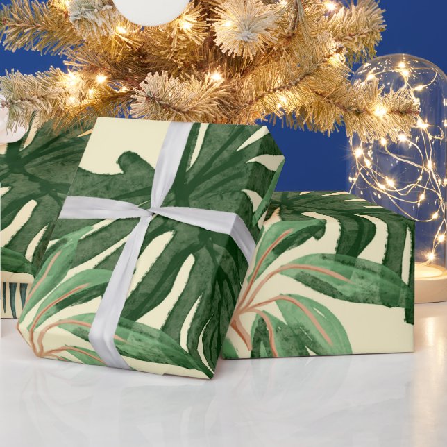 Papier Cadeau Aquarelle verte tropicale Feuilles Monstera & Palm (Vacances)