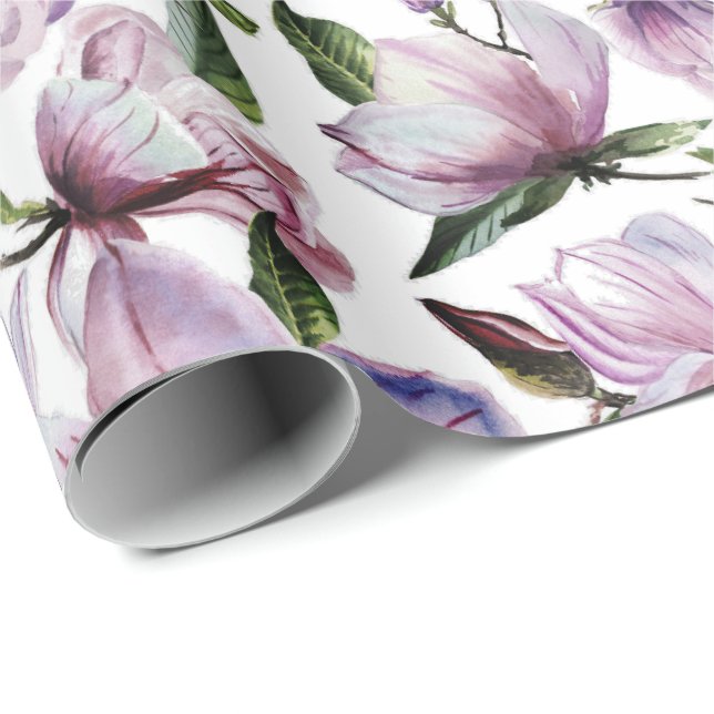 Papier Cadeau Aquarelle violet fleurs de magnolia motif (Coin rond)