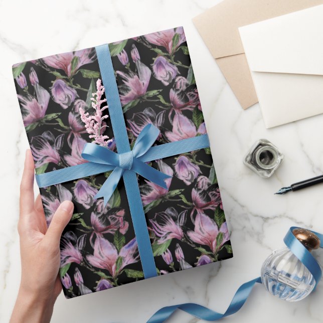 Papier Cadeau Aquarelle violet fleurs lilas motif noir (Cadeaux)