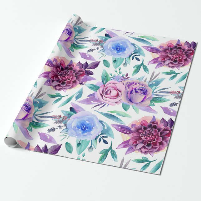 Papier Cadeau Aquarelle violet floral. Motif de fleurs Boho (Déroulé)