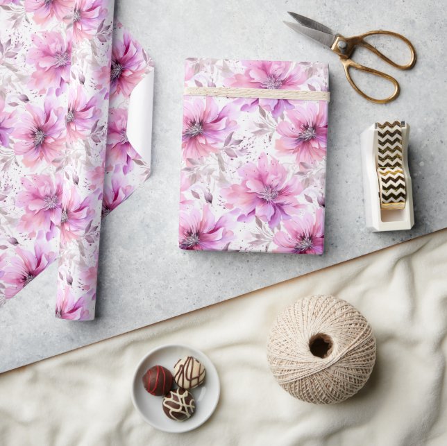 Papier Cadeau Aquarelle violet rose Motif de printemps (Artisanat)