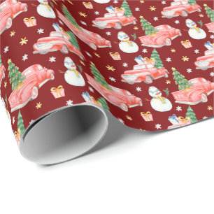 Papier Cadeau Aquarelle Voitures rouges Arbres de Noël et Snowme