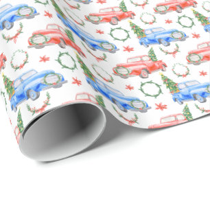 Papier Cadeau Aquarelle Voitures rouges et vertes avec arbres de