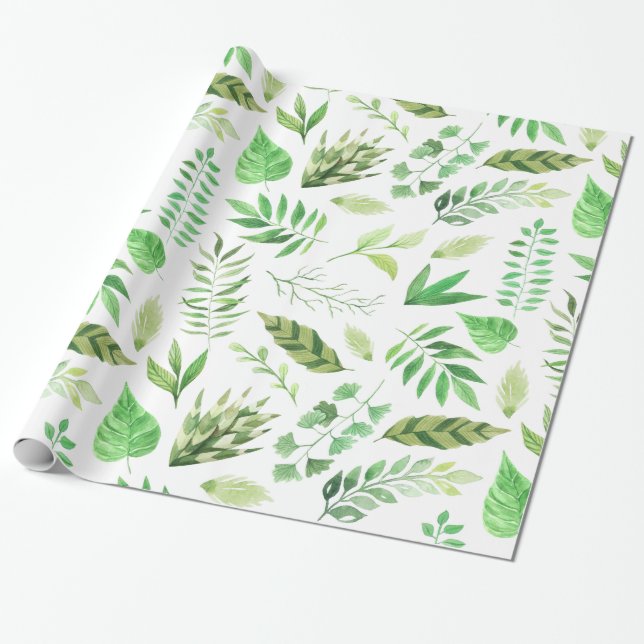 Papier Cadeau Aquarelle Whimsical Feuilles verts | (Déroulé)