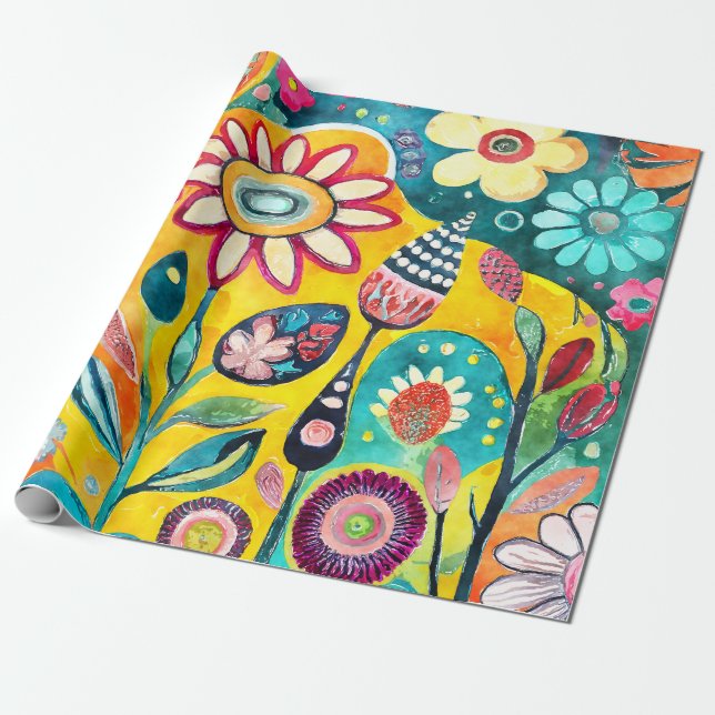 Papier Cadeau Aquarelle Whimsical Floral Bural (Déroulé)