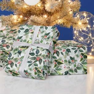 Papier Cadeau Aquarelle Winterberry Varié Feuille Noël