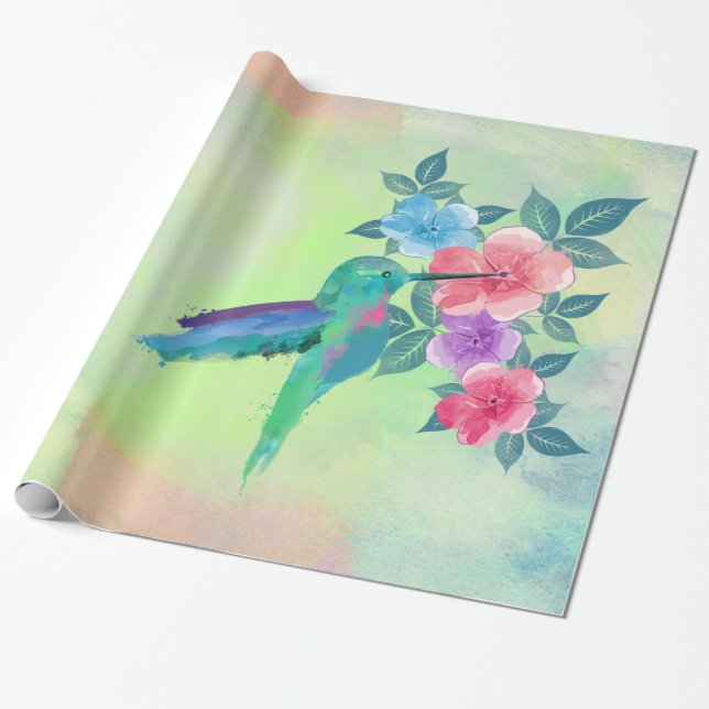 Papier Cadeau Aquarelles à la mode cool colibri floral (Déroulé)