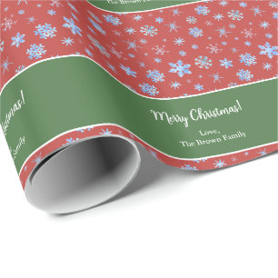 Papier Cadeau Aquarelles Flambeilles de neige Vert et Rouge Noël