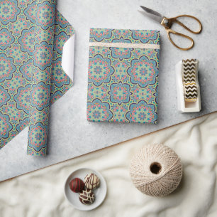 Papier Cadeau Arabe Boho Elégant Géométrique Marocain Bleu Vert