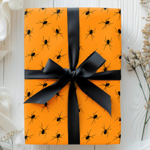 Papier Cadeau Araignées d'Halloween Motif Effrayant Noir Orange