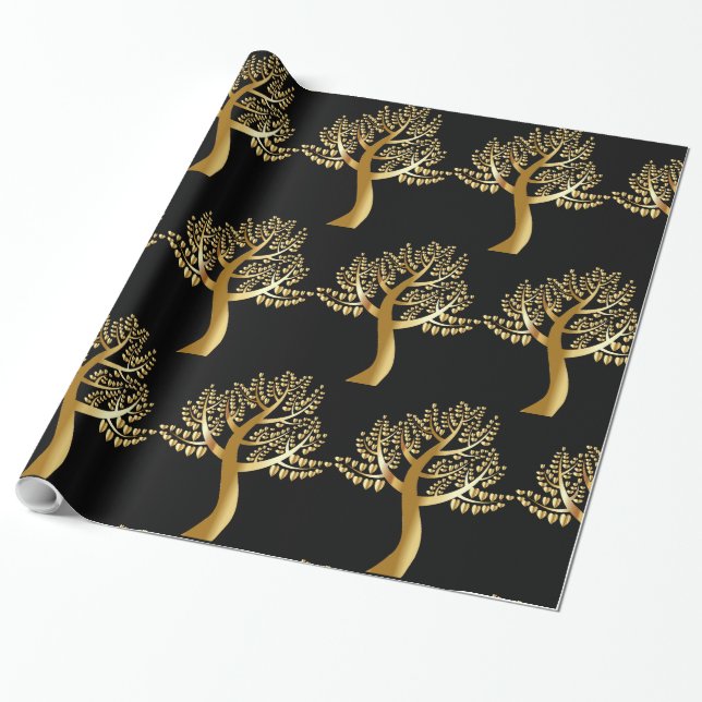 Papier Cadeau Arbre à l'huile d'or avec Coeurs d'or (Déroulé)
