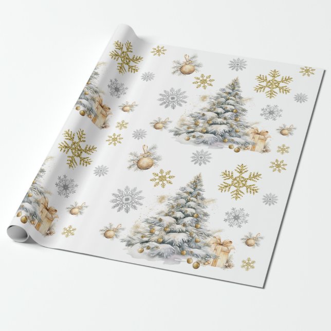 Papier Cadeau Arbre à pins d'hiver et d'or et d'argent (Déroulé)