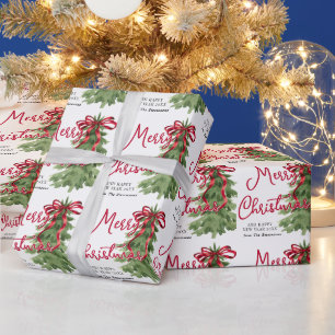 Papier Cadeau Arbre à ruban rouge aquarelle rétro Noël personnal