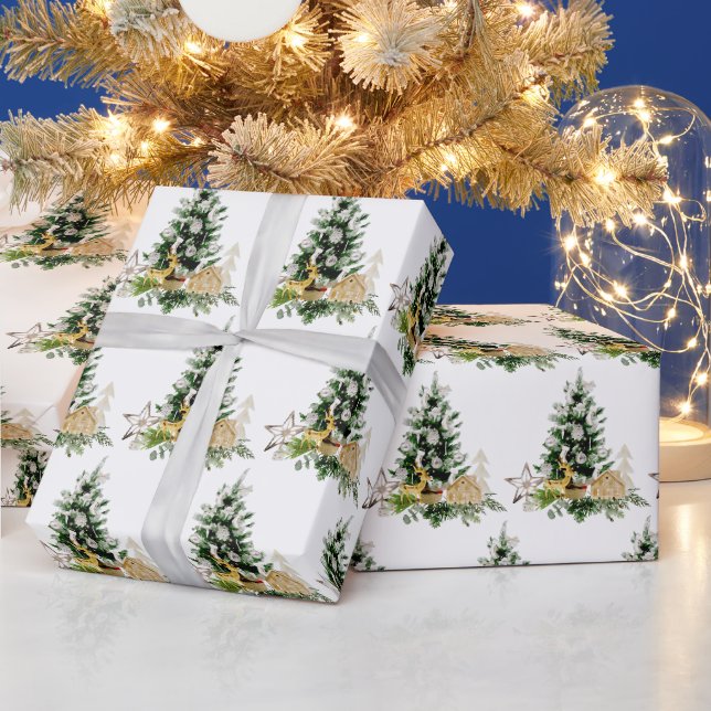 Papier Cadeau Arbre de Noël à l'aquarelle élégant (Vacances)