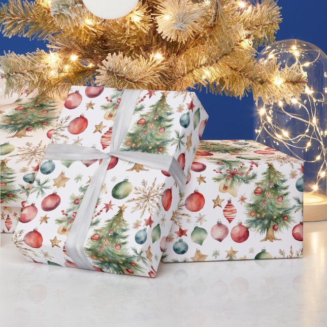 Papier Cadeau Arbre de Noël aquarelle avec ornements (Vacances)