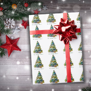 Papier Cadeau Arbre de Noël Aquarelle Joyeux Joli Heureux
